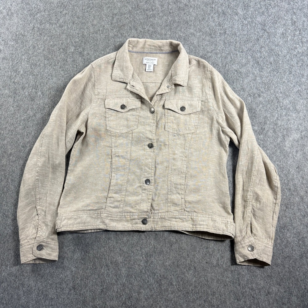 Jones & Co Jones New York Womens Trucker Jacket Medium 100% Linen Beige Oatmeal - Picture 2 of 13